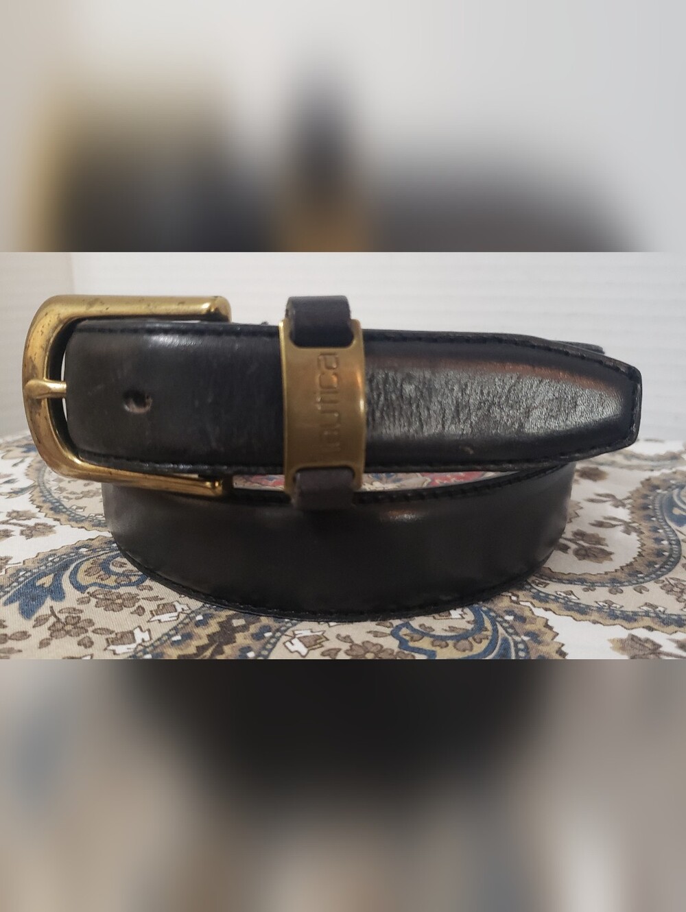 Nautica Men’s Black Leather Belt Brass Buckle  Size 32